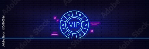 Neon light glow effect. Vip poker chip line icon. Very important person casino sign. Member club privilege symbol. 3d line neon glow icon. Brick wall banner. Vip chip outline. Vector