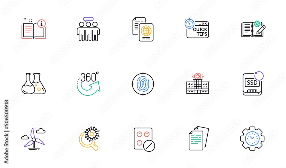 Medical tablet, Coronavirus research and 360 degrees line icons for website, printing. Collection of Quick tips, Documents, Employees group icons. Passport document, Hospital building. Vector