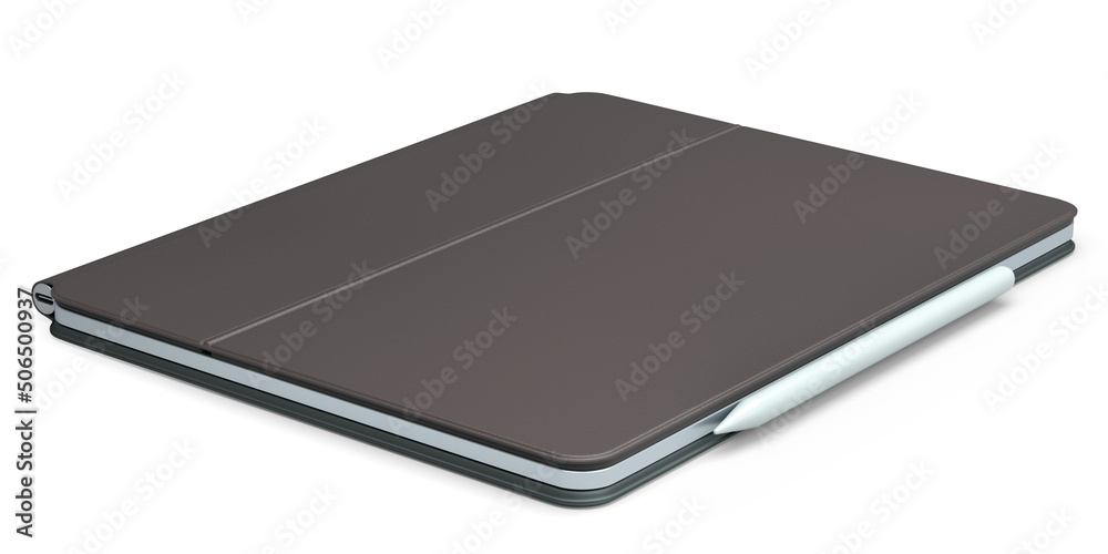 Computer tablet with leather cover case and pencil isolated on white background Computer tablet with leather cover case and pencil isolated on white background