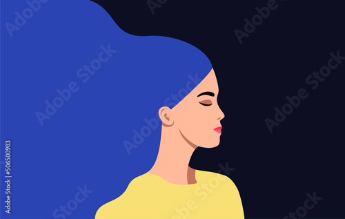 a girl in a yellow jacket and with blue hair, on a dark background, a portrait of a blonde in profile, a flat vector illustration