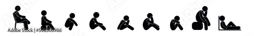 sitting people icons collection, isolated stick figure man sat down pictograms, human silhouettes flat vector illustration photo