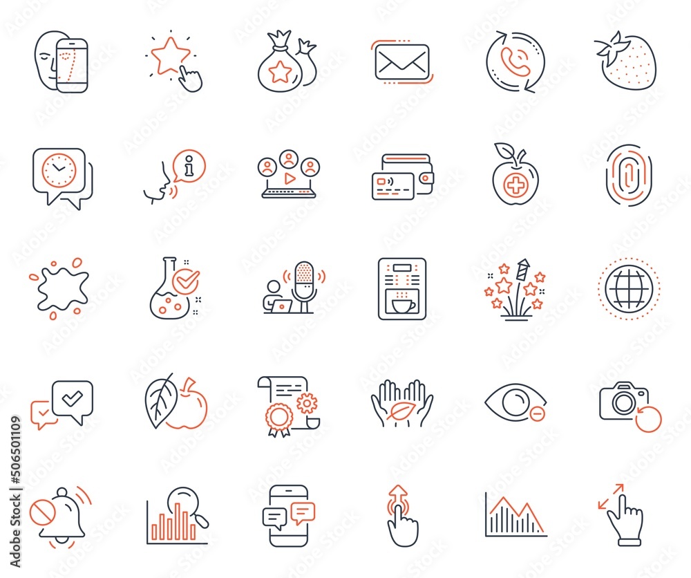 Business icons set. Included icon as Medical food, Dirty spot and Touchscreen gesture web elements. Approve, Ranking star, Video conference icons. Fingerprint, Call center, Swipe up web signs. Vector