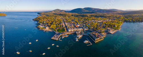 Fotografiet Bar Harbor historic town center panorama aerial view at sunset, with Cadillac Mountain in Acadia National Park at the background, Bar Harbor, Maine ME, USA