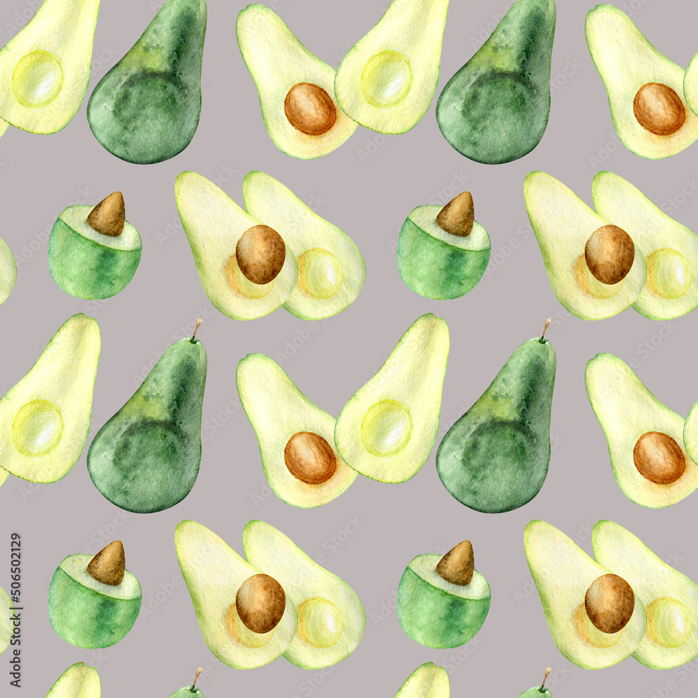 Watercolor seamless pattern exotic fruit avocado hand drawn for decorating culinary and kitchen products Watercolor seamless pattern exotic fruit avocado hand drawn for decorating culinary and kitchen products