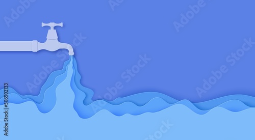 Faucet from which water flows in paper cut style. Flowing liquid and waves in blue papercut art. Water pipe with tap valve. Save the Water ecological poster. Environment card template. Vector card