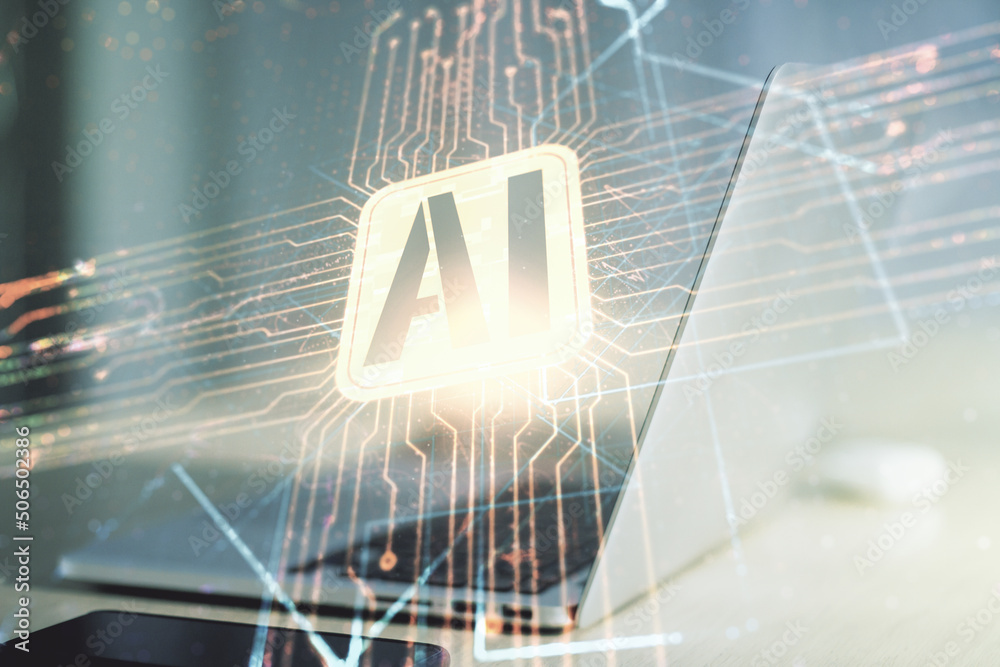 Double exposure of creative artificial Intelligence icon with modern