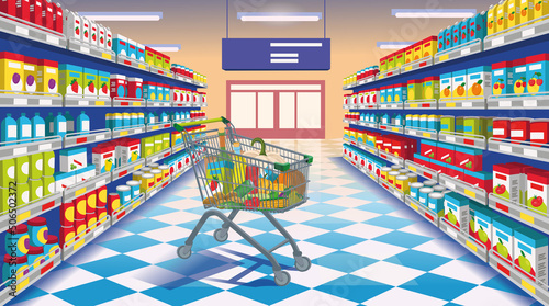 Perspective view of supermarket aisle. Supermarket with colorful shelves of merchandise and front door and supermarket food cart. Cartoon vector illustration
