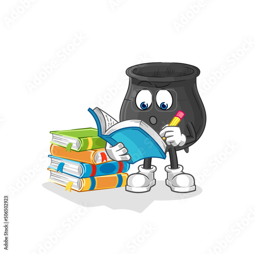 cauldron studying mascot. cartoon vector