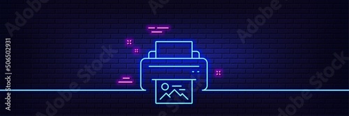 Neon light glow effect. Print image line icon. Photo printer sign. Picture symbol. 3d line neon glow icon. Brick wall banner. Print image outline. Vector