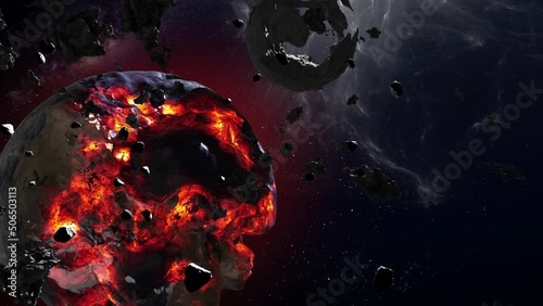 Planet Earth and the moon Destroyed after asteroid impact

3D rendering, cinematic view of Earth and the moon dying after massive space event 
 photo