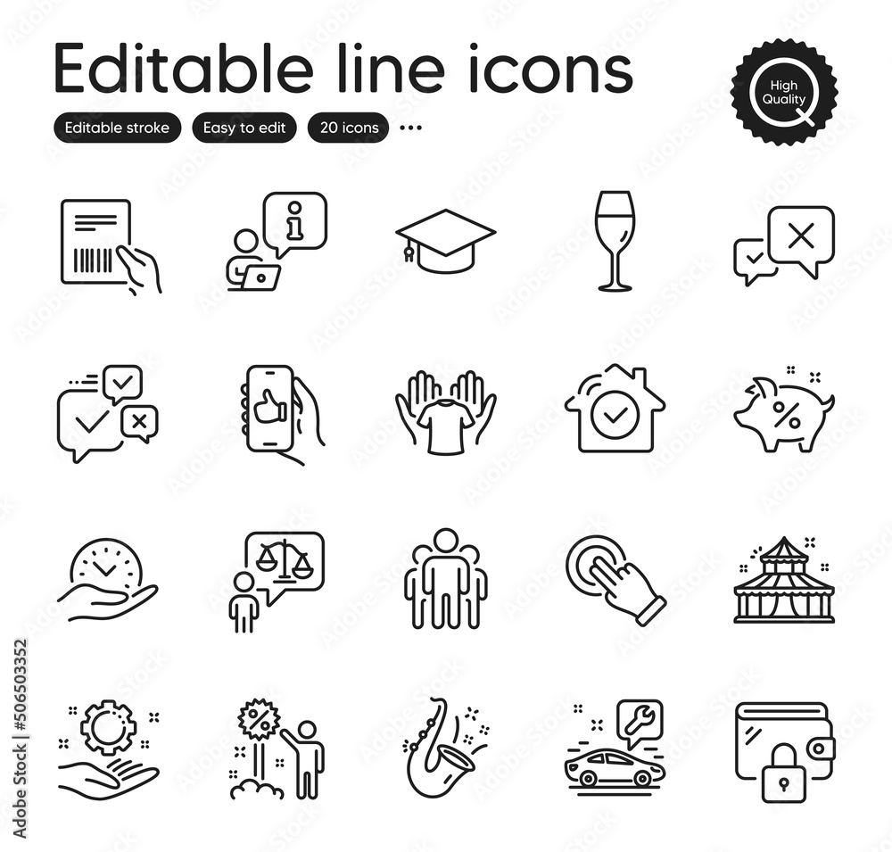 Set of Business outline icons. Contains icons as Discount, Online voting and Interview elements. Employee hand, Like app, Circus web signs. Jazz, Graduation cap, Touchscreen gesture elements. Vector