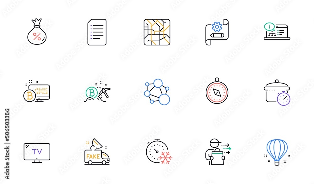Bitcoin mining, Tv and Boiling pan line icons for website, printing. Collection of Integrity, Metro map, Travel compass icons. Document, Air balloon, Freezing timer web elements. Vector