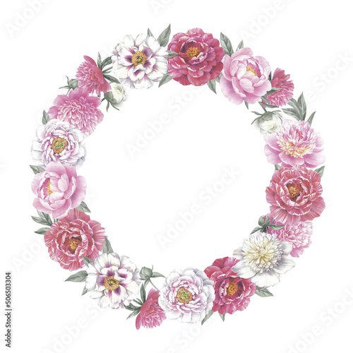 Vintage frame with peonies. Floral template for a wedding invitations and greeting cards. Isolated object on white background.  Hand drawn botanical illustration. 