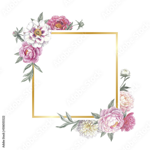 Vintage frame with peonies. Floral template for a wedding invitations and greeting cards. Isolated object on white background. Hand drawn botanical illustration. 