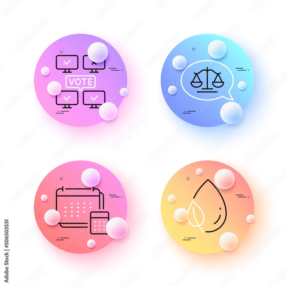 Account, Justice scales and Leaf dew minimal line icons. 3d spheres or balls buttons. Online voting icons. For web, application, printing. Calculate budget, Judgement bubble, Water drop. Vector