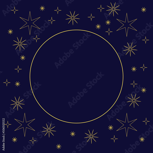 Celestial background with a copy space. Mystical poster with an ornate stars, sun shape. Magical banner in dark color with a place for text. Editable vector illustration