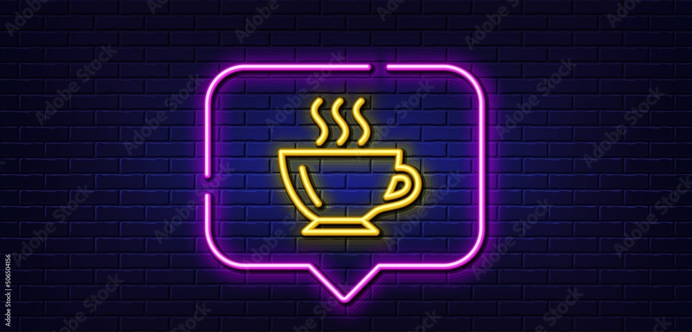 Neon light speech bubble. Coffee cup line icon. Hot drink sign. Cappuccino symbol. Neon light background. Coffee glow line. Brick wall banner. Vector Neon light speech bubble. Coffee cup line icon. Hot drink sign. Cappuccino symbol. Neon light background. Coffee glow line. Brick wall banner. Vector