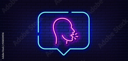 Neon light speech bubble. Cough line icon. Coronavirus symptom sign. Flu, sneeze or pneumonie symbol. Neon light background. Cough glow line. Brick wall banner. Vector