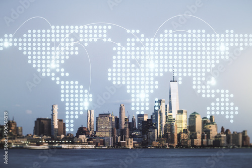 Abstract virtual world map with connections on New York city skyline background, international trading concept. Multiexposure