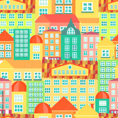 Seamless pattern urban colorful houses. Vector illustration
