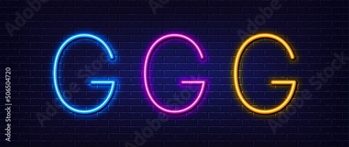 Initial letter G icon. Neon light line effect. Line typography character sign. Large first font letter. Glowing neon light element. Letter G glow 3d line. Brick wall banner. Vector