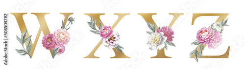 Wedding floral alphabet with peonies and leaves. Hand drawn botanical illustrations. Isolated objects on white background. Elements for greeting cards and wedding invitation cards. photo