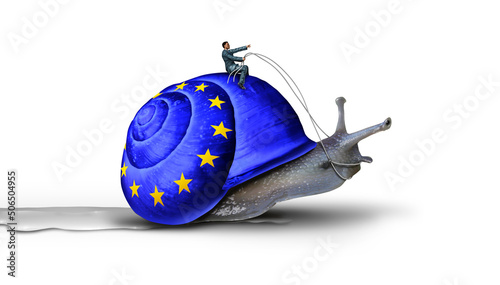 Slow European Union and EU economy and slowing Europe economic growth as a Euro financial challenge or stagflation problems and slow political Brussels legislation by politicians photo