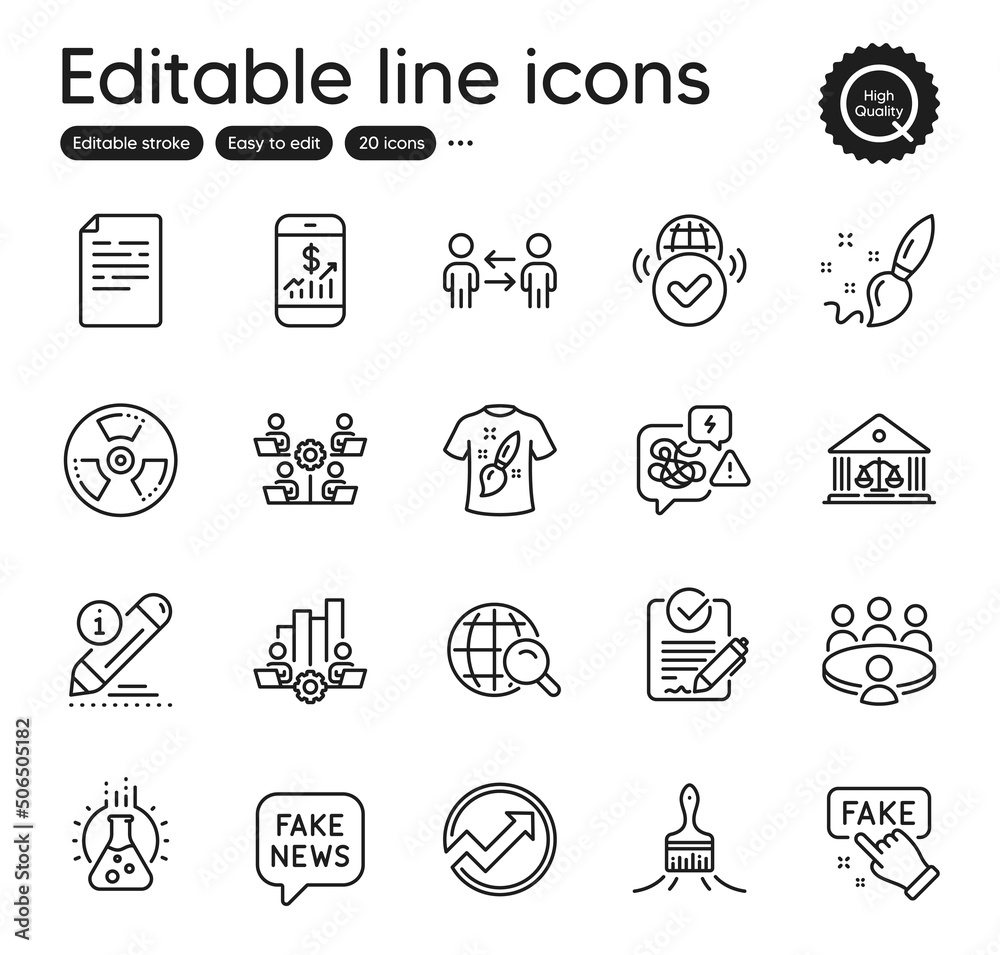 Set of Education outline icons. Contains icons as Verified internet, Teamwork and Fake news elements. Court building, Paint brush, T-shirt design web signs. Audit, Teamwork chart. Vector