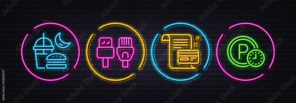 Payment card, Computer cables and Night eat minimal line icons. Neon laser 3d lights. Parking time icons. For web, application, printing. Agreement conditions, Rj45 internet, Junk food. Vector - obrazy, fototapety, plakaty 