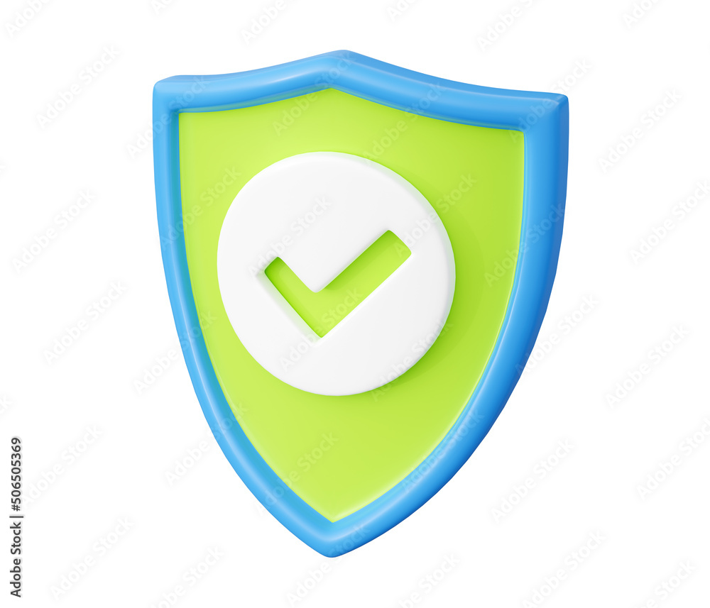 Shield with tick 3d render - security and safety concept with check mark on shield. Shield with tick 3d render - security and safety concept with check mark on shield.