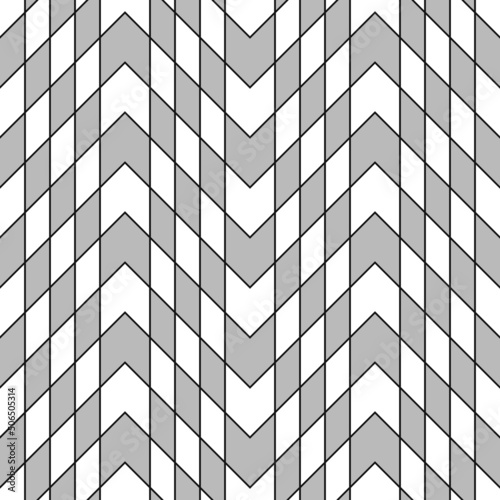 Seamless surface pattern design with interlocking polygons ornamentation. Black zigzag lines background. Herringbone wallpaper. Mosaic motif. Ethnic ornament. Digital paper, textile print. Vector art.