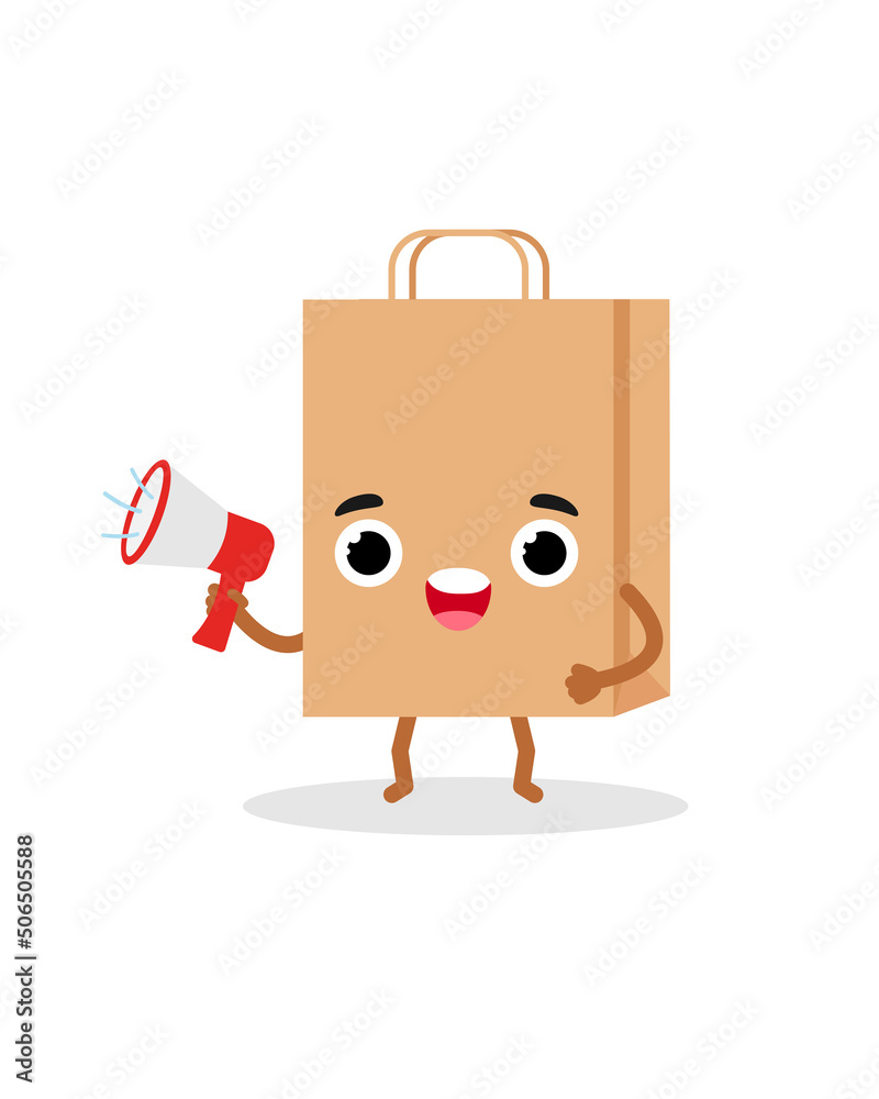 Paper shopping bag emotions character with a megaphone. Emoji vector illustration Paper shopping bag emotions character with a megaphone. Emoji vector illustration