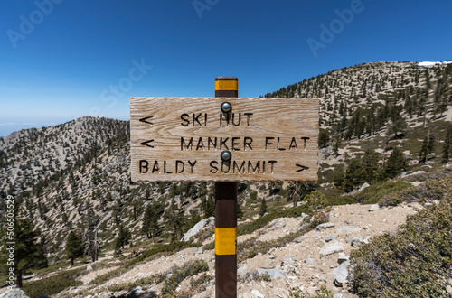 Mt Baldy, Manker Flat trail sign in the San Gabriel Mountains near Los Angeles, California.