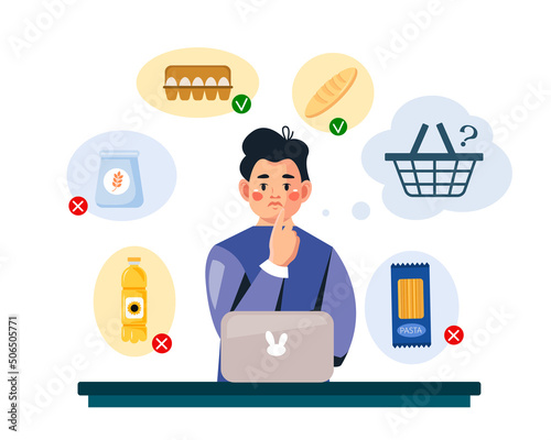 Global food shortage. A man buys food in an online store. Vector