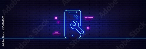 Neon light glow effect. Smartphone repair line icon. Phone recovery sign. Mobile device symbol. 3d line neon glow icon. Brick wall banner. Smartphone repair outline. Vector