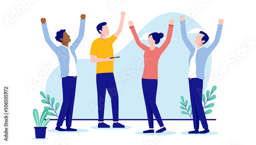 Casual business workers celebrating - Group of people with hand in air, cheering and winning. Flat design vector illustration with white background