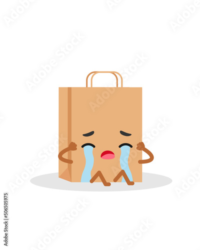 Paper shopping bag emotions crying character. Emoji vector illustration