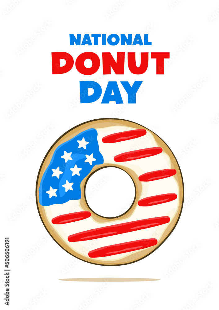 National Donut Day lettering with glazed donut in the colors of the USA flag. Poster concept. Vector. Isolated on white background National Donut Day lettering with glazed donut in the colors of the USA flag. Poster concept. Vector. Isolated on white background