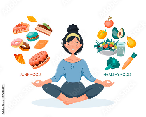 A woman sits in a lotus position and chooses between healthy and unhealthy food