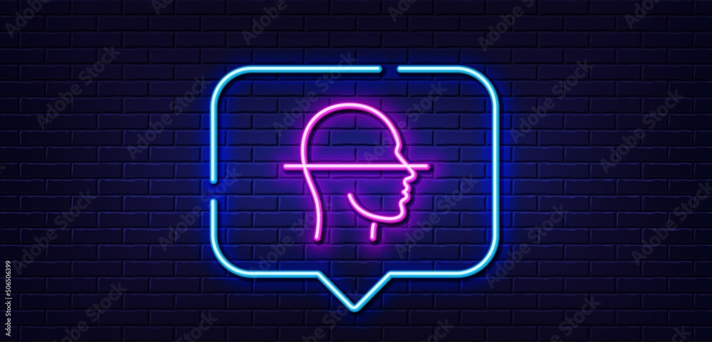 Neon light speech bubble. Face scanning line icon. Facial scan sign. Head recognition symbol. Neon light background. Face scanning glow line. Brick wall banner. Vector Neon light speech bubble. Face scanning line icon. Facial scan sign. Head recognition symbol. Neon light background. Face scanning glow line. Brick wall banner. Vector
