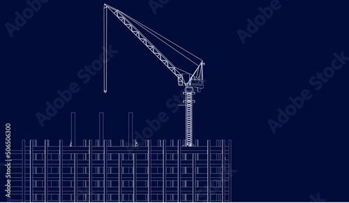 under construction site engineering with tower crane 2D illustration line sketch blueprint