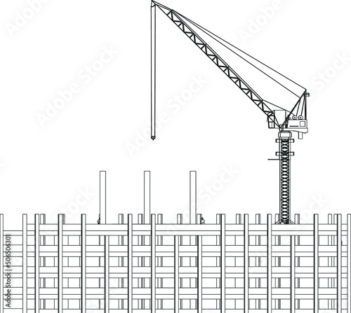under construction site engineering with tower crane 2D illustration line sketch