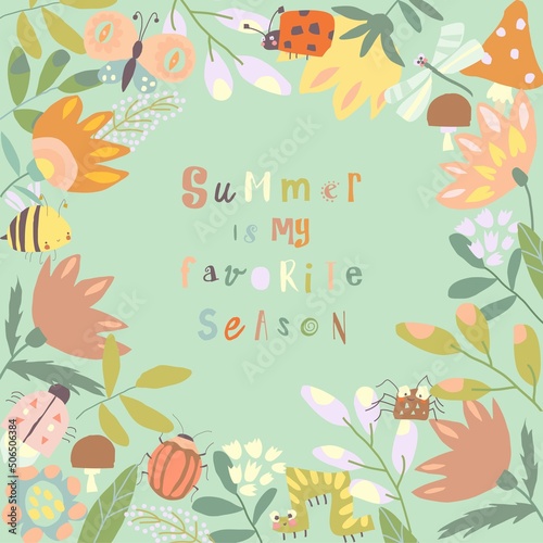 Cartoon Frame with Insects, Summer Flowers and Leaves
