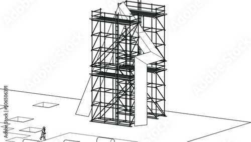under construction with scaffolding architecture 3D illustration line sketch