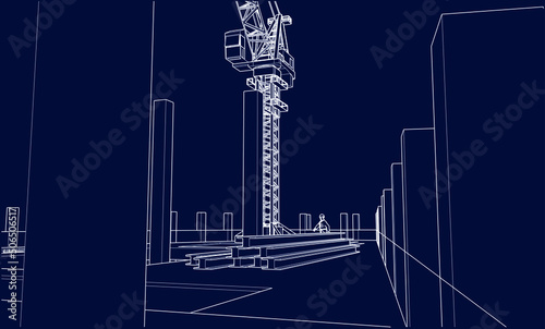 under construction site with tower crane architecture 3D illustration line sketch blueprint