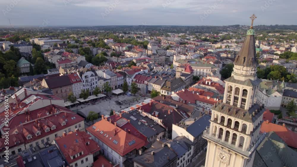 Bielsko-Biala from a drone on a sunny day. Town Hall and the characteristic buildings in the city. Bielsko-Biala from a drone on a sunny day. Town Hall and the characteristic buildings in the city.