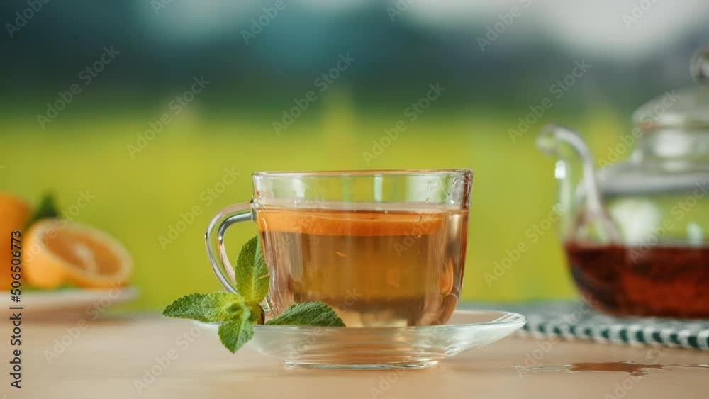 Citrus tea in cup close-up. Fresh hot herbal tea with mint and oranges, healthy morning, detox drink. Citrus tea in cup close-up. Fresh hot herbal tea with mint and oranges, healthy morning, detox drink.