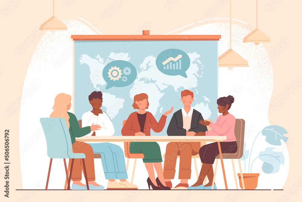 Council meeting and CEO head discussion. Male and female entrepreneurs or leaders sit at round table and discuss future of company. Communication of business people. Cartoon flat vector illustration