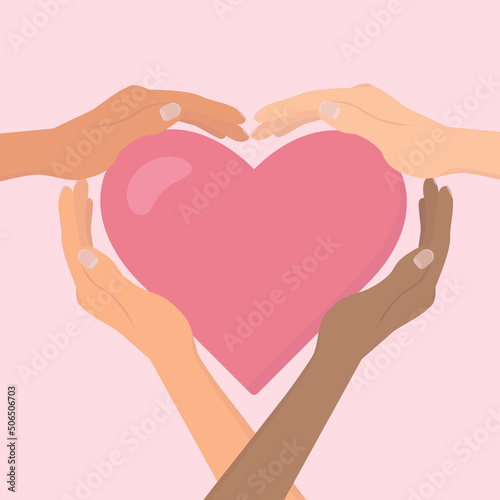 heart symbol hands, multicultural community of care and charity. concept of kindness and love for people, vector flat cartoon illustration