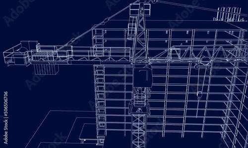 under construction site with tower crane line sketch blueprint 3D illustration